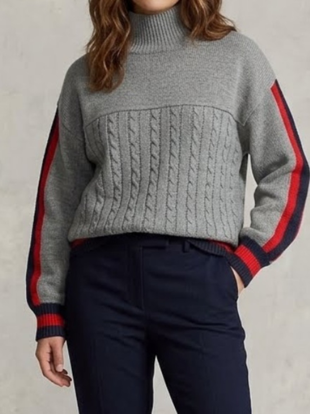LUZABELLE Wool Blend Cableknit Sweater Striped Trim Academia Preppy Large